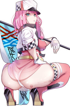 1girl ass belt breasts commentary darling_in_the_franxx dress english_commentary eyeshadow fingerless_gloves flag gloves green_eyes hat high_heels highres holding holding_flag hot_vr large_breasts long_hair looking_back makeup mouth_hold open_clothes open_shirt panties pink_dress pink_eyeshadow pink_hair pink_skirt pink_thighhighs pixiv_username race_queen shirt short_sleeves simple_background skirt solo squatting subscribestar_username thighhighs thighs underwear white_background white_gloves white_hat white_panties white_shirt yellow_belt zero_two_(darling_in_the_franxx)