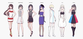 Rule 34 | 6+girls, absurdres, arm behind back, black dress, black footwear, black gloves, blonde hair, blue dress, blue eyes, blue footwear, blue hair, boots, brown hair, dress, earrings, famicom, full body, game console, gamecube, gloves, grey background, grey eyes, grey footwear, grey hair, hand on own hip, hand up, hands on own hips, hat, high heel boots, high heels, highres, jewelry, kisaragi yuu (fallen sky), long hair, looking at viewer, medium hair, multicolored dress, multiple girls, nintendo, nintendo 64, nintendo switch, one eye closed, original, personification, ponytail, red eyes, red footwear, revision, shoes, short sleeves, signature, simple background, sleeveless, standing, super famicom, white dress, white footwear, wii, wii u