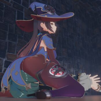 Rule 34 | 1boy, 1girl, ass, assertive female, b-banto, blue cape, blue hair, blue hat, bodysuit, cape, face in ass, femdom, genshin impact, grey eyes, hat, hetero, high heels, highres, huge ass, long sleeves, looking at another, looking down, looking to the side, mona (genshin impact), night, on floor, pantyhose, red hat, reverse ryona, self-upload, sitting, sitting on face, sitting on person, thick thighs, thighs, twintails, vision (genshin impact), wizard, xingqiu (genshin impact)