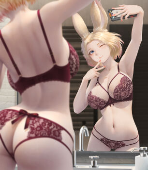 1girl ;) animal_ear_fluff animal_ears arm_up armpits ass ass_cutout backboob backless_panties blonde_hair blue_eyes bra breasts butt_crack cellphone cleavage closed_mouth clothing_cutout collarbone commission faucet final_fantasy final_fantasy_xiv highres holding holding_phone indoors large_breasts lingerie looking_up mirror mirror_selfie nail_polish navel okoge_lab one_eye_closed panties phone pink_nails rabbit_ears red_bra red_panties red_ribbon reflection ribbon selfie short_hair skeb_commission smartphone smile solo underwear underwear_only v viera