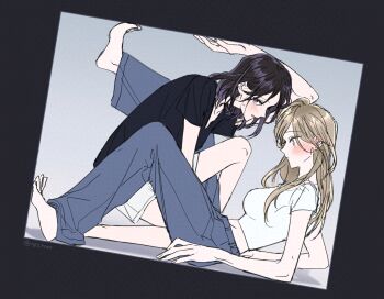 2girls barefoot between_legs black_hair black_shirt blue_pants blush brown_hair closed_mouth long_hair multiple_girls original pants parted_lips purple_eyes qkstnrr shirt short_sleeves shorts stuck_in_a_box white_shirt white_shorts yellow_eyes yuri