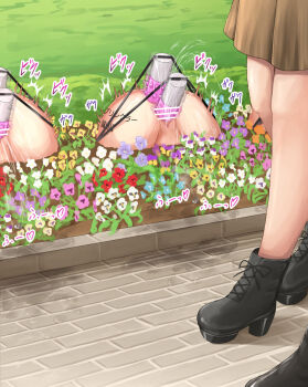 3girls anal anal_object_insertion bar_censor bdsm body_writing bondage bound brick_floor censored dildo double_penetration female_ejaculation flower flower_bed highres human_furniture multiple_girls object_insertion original outdoors paid_reward_available restrained sex_toy slave spiked_dildo stuck through_ground tsunakama vaginal vaginal_object_insertion vibrator