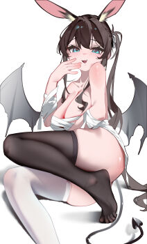 1girl absurdres alternate_breast_size_(larger) alternate_costume amiya_(arknights) animal_ear_fluff animal_ears aqua_eyes arknights arm_up ass asymmetrical_legwear bandages black_thighhighs black_wings breasts brown_hair chinese_commentary collarbone commentary_request foot_out_of_frame hair_between_eyes halloween halloween_costume heart heart_tail highres large_breasts long_hair long_sidelocks looking_at_viewer lying naked_bandage no_shoes on_side open_mouth rabbit_ears rabbit_girl shenmi_de_xigua sidelocks simple_background tail thighhighs white_background white_thighhighs wings