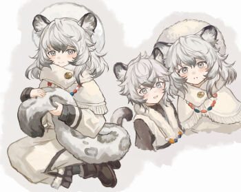 Rule 34 | 2girls, aged down, animal ear fluff, animal ears, arknights, black boots, blush, boots, capelet, character request, check character, cliffheart (arknights), commentary request, dress, fringe trim, fur hat, grey background, grey eyes, grey hair, hair between eyes, hat, highres, leopard ears, leopard girl, leopard tail, long sleeves, multiple girls, open mouth, pramanix (arknights), puffy long sleeves, puffy sleeves, siblings, sisters, sleeves past wrists, tail, touchika, white capelet, white dress, white hat