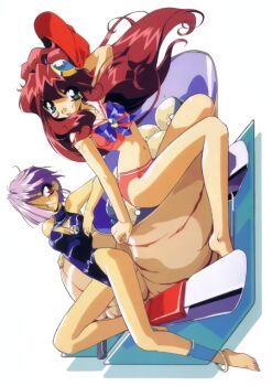 1990s_(style) 2girls anklet aqua_eyes arm_up barefoot bikini blue_one-piece_swimsuit cleavage_cutout clothing_cutout hair_ornament hair_over_one_eye idol_project jewelry long_hair mimu_emilton multiple_girls non-web_source official_art one-piece_swimsuit pink_bikini red_eyes retro_artstyle shirt short_hair simmons_layla-b. sitting suzuki_noritaka swimsuit white_shirt