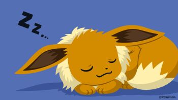 :3 animal_focus artist_request blue_background closed_eyes commentary_request copyright_name copyright_notice eevee gen_1_pokemon highres nintendo no_humans official_art pokemon pokemon_(creature) pokemon_focus second-party_source simple_background sleeping smile solo split_mouth zzz