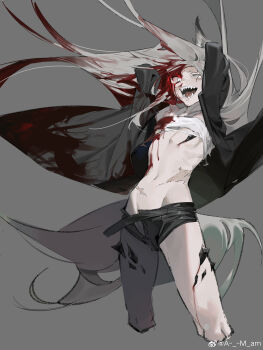 1girl absurdres alternate_breast_size_(smaller) amrkdrw animal_ear_fluff animal_ears arknights arms_behind_head arms_up artist_name bandeau bare_legs black_jacket black_shorts bleeding blood blood_from_forehead blood_in_hair blood_on_chest blood_on_clothes blood_on_face blood_on_leg bloody_tears crazy crazy_eyes crazy_smile cropped_legs eyelashes feet_out_of_frame flat_chest floating_clothes floating_hair from_side grey_background grey_hair grey_tail groin half-closed_eye highres injury jacket knees lappland_(arknights) leaning leaning_back legs long_hair long_sleeves looking_at_viewer looking_to_the_side material_growth messy_hair midriff multiple_scars navel no_panties nosebleed open_clothes open_fly open_jacket open_mouth open_shorts oripathy_lesion_(arknights) pale_skin ribs scar scar_across_eye scar_on_face scar_on_stomach shadow sharp_teeth short_shorts shorts simple_background single_bare_shoulder single_off_shoulder skinny smile solo standing stomach strap sway_back tail teeth thighs tongue torn_bandeau torn_clothes very_long_hair watermark weibo_watermark white_bandeau white_eyes wolf_ears wolf_girl wolf_tail