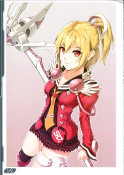 1girl absurdres black_sailor_collar black_shirt black_skirt black_thighhighs blonde_hair closed_mouth collarbone emilia_percival female_focus gradient_background hair_between_eyes highres holding jacket long_hair long_sleeves looking_at_viewer nandz necktie phantasy_star phantasy_star_online_2 phantasy_star_portable_2 pleated_skirt ponytail red_eyes red_jacket sailor_collar scan shirt simple_background skirt smile solo staff thigh_strap thighhighs yellow_necktie