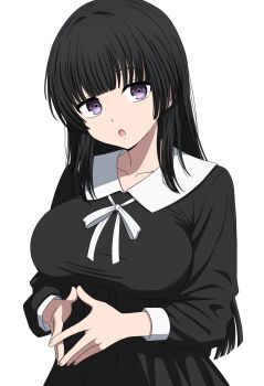 1girl :o bang_dream! black_dress black_hair blunt_bangs breasts commentary dress fingernails highres hime_cut huge_breasts long_hair looking_at_viewer noshimurin open_mouth purple_eyes shirokane_rinko simple_background solo steepled_fingers upper_body white_background