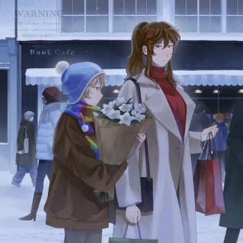 1boy 1girl 5others bag blonde_hair blue_hat blue_jacket blue_pants boots bouquet breasts brown_coat brown_hair coat commentary english_commentary flower grey_eyes handbag hat high_heel_boots high_heels highres holding holding_bag holding_bouquet jacket large_breasts multiple_others nakano_kaworu original pants ponytail rainbow_scarf red_sweater scarf shopping_bag sidelocks snow storefront striped_clothes striped_scarf sweater turtleneck turtleneck_sweater watermark winter_clothes