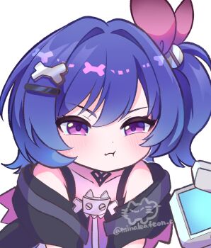 1girl :t bone_hair_ornament commentary_request genshin_impact goth_fashion hair_ornament highres mina_(minaleafeon_c) pout prune_(genshin_impact) purple_eyes purple_hair screw_hair_ornament side_ponytail twitter_username