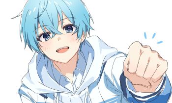1boy 9_v4ni blue_eyes blue_hair clenched_hand colon_(stpri) hair_between_eyes highres hood hood_down hoodie long_sleeves looking_at_viewer male_focus open_mouth outstretched_arm short_hair simple_background smile solo strawberry_prince teeth upper_body upper_teeth_only white_background white_hoodie