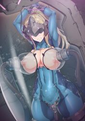Rule 34 | arms up, blindfold, blonde hair, breasts, breasts out, green eyes, lactation, large breasts, leotard, long hair, metroid, metroid: zero mission, milking machine, nandz, object insertion, ponytail, puffy nipples, restrained, samus aran, sex machine, skin tight suit, stasis tank, stationary restraints, torn clothes, torn leotard, vaginal, vaginal object insertion