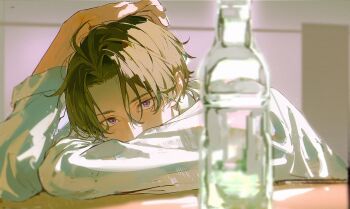 1boy blurry bottle brown_hair covered_mouth depth_of_field hand_on_own_head highres indoors long_sleeves looking_at_viewer male_focus original parted_bangs purple_eyes shirt short_hair solo table upper_body water_bottle white_shirt xiaojiaju