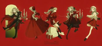 Rule 34 | 1girl, :d, :o, absurdres, alternate costume, ascot, bag, beret, black bag, black bow, black jacket, black nails, black pants, black pantyhose, black shoes, black socks, bow, box, braid, candle, candlestand, cape, claw pose, closed eyes, closed mouth, dress, facing away, fangs, flower, from behind, full body, fur-trimmed headwear, fur trim, gift, gift box, grey hair, hair bow, hair flower, hair ornament, hands up, hat, high heels, highres, jacket, juliet sleeves, kneehighs, leg up, legwear garter, long braid, long dress, long hair, long sleeves, looking at viewer, loose socks, miniskirt, multiple views, oji-sama (ochi4t), open mouth, pants, pantyhose, profile, puffy long sleeves, puffy sleeves, quad braids, red background, red cape, red dress, red eyes, red flower, red jacket, red rose, red shoes, red skirt, reverse:1999, rose, rubuska, sack, santa hat, shirt, shoes, short dress, shoulder bag, single braid, skirt, skirt hold, smile, socks, standing, standing on one leg, teeth, white ascot, white hat, white shirt, white socks