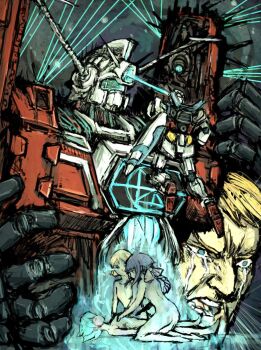 10s battle blonde_hair blue_eyes character_request crossover crying densetsu_kyojin_ideon emily_armond flit_asuno green_hair gundam gundam_age gundam_age-1 gundam_vs._giant_god:_counterattack_of_gigantis highres ideon lying mecha moto_murabito nude on_back robot shield tears yurin_leciel
