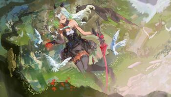 1girl absurdres berenica_(duet_night_abyss) bird black_shoes black_thighhighs blurry chinese_commentary commentary_request depth_of_field dress duet_night_abyss dutch_angle full_body grass hair_ornament highres holding holding_sword holding_weapon long_hair muyihui rabbit red_eyes shoes solo sword thighhighs weapon white_hair