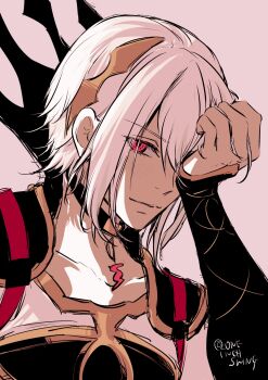 1boy androgynous armor black_sleeves choker collar covering_one_eye dragon fire_emblem fire_emblem_engage hair_ornament highres jewelry light_smile looking_at_viewer male_focus medium_hair nintendo pendant rafal_(fire_emblem) shirt shoulder_armor simple_background solo umi_(oneinchswing) white_hair white_shirt