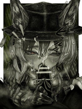 1boy 1girl absurdres animal_ear_fluff animal_ears arknights beanstalk_(arknights) blank_censor blush braid censored commentary_request cum cum_on_body ears_through_headwear facial fellatio gloves greyscale hair_between_eyes hetero highres hyena_ears hyena_girl hyena_tail id_card kyoeikyoei52906 long_hair long_sleeves monochrome oral orange_eyes penis pov single_braid single_glove spot_color