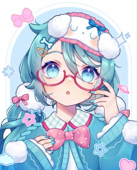 1girl absurdres aqua_eyes aqua_hair aqua_nails bone_hair_ornament bow collared_shirt glasses hair_between_eyes hair_ornament hatsune_miku highres long_hair long_sleeves looking_at_viewer miracle_(waaaracle) open_mouth pink_bow shirt simple_background sleepwear solo very_long_hair vocaloid white_background
