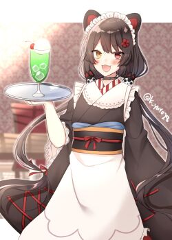 1girl animal_ears belt_collar black_kimono blush cherry choker collar commentary_request cowboy_shot dog_ears dog_girl dog_hair_ornament drink fang food fruit hair_ornament heterochromia highres holding holding_plate ice ice_cream ice_cream_float ice_cube indoors inui_toko inui_toko_(1st_costume) japanese_clothes kimono low_twintails maid maid_headdress nijisanji pale_skin plate red_eyes sakura_yuto solo twintails twitter_username v-shaped_eyebrows virtual_youtuber wa_maid wide_sleeves yellow_eyes