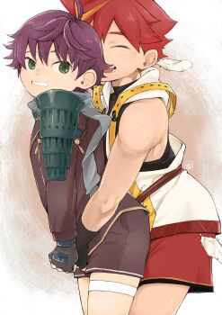 2boys black_gloves black_shirt brown_coat brown_gloves brown_shorts closed_eyes coat commentary_request feather_hair_ornament feathers fingerless_gloves from_behind gloves green_eyes hair_ornament highres iga_(tamacolle) izumi_(tamacolle) looking_at_another male_focus multicolored_hair multiple_boys open_mouth red_shorts shirt shorts shota sleeveless sleeveless_shirt tamacolle tetsutappuri white_shirt yaoi