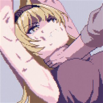 1boy 1girl animal_ears arknights armpits arms_up asphyxiation blonde_hair breasts closed_mouth commentary english_commentary glaring grey_shirt hairband horn_(arknights) injury leleka lying medium_breasts on_back shirt simple_background sleeveless strangling tears