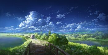 blue_sky bridge cart cloud cloudy_sky commentary covered_wagon cyclecircle day dirt_road english_commentary highres landscape mountainous_horizon nature no_humans original outdoors path road scenery sky tree wagon water wooden_bridge