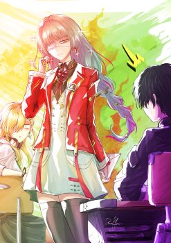 Rule 34 | 1boy, 2girls, absurdres, alternate costume, black hair, black jacket, black thighhighs, blonde hair, commentary, dress, earrings, english commentary, envelope, eyepatch, grey eyes, grey hair, hand up, highres, holding, holding envelope, jacket, jewelry, long hair, long sleeves, looking at another, lynae (wuthering waves), male rover (wuthering waves), multicolored hair, multiple girls, parted lips, phrolova (wuthering waves), raffa 314, red jacket, rover (wuthering waves), school uniform, signature, star (symbol), star earrings, streaked hair, surprised, thighhighs, white dress, wuthering waves