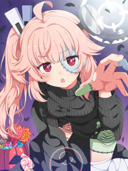 1girl ahoge black_dress black_jacket blue_archive bolt_hair_ornament breasts bright_pupils candy commentary_request cosplay dress food frankenstein&#039;s_monster frankenstein&#039;s_monster_(cosplay) halloween halloween_bucket halloween_costume halo highres jacket jacket_partially_removed kneeling lollipop long_hair looking_at_viewer mikoshi_(user_wvyd4348) natsu_(blue_archive) natsu_(halloween)_(blue_archive) parted_lips pink_hair pink_halo reaching reaching_towards_viewer red_eyes ribbed_dress side_ponytail sky small_breasts solo star_(sky) starry_sky stitched_face stitched_fingers stitched_leg stitches sweater sweater_dress swirl_lollipop torn_clothes torn_dress white_pupils