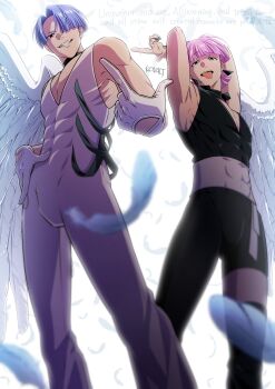 2boys absurdres armpits arms_up black_jumpsuit black_nails blue_eyes brothers bulge commentary_request covered_abs earrings from_below gloves hair_over_one_eye highres index_finger_raised jewelry jumpsuit kovalt looking_at_viewer male_focus multiple_boys panty_&amp;_stocking_with_garterbelt pink_hair polyester_(psg) polyurethane_(psg) red_eyes siblings sleeveless_jumpsuit standing teeth toned toned_male tongue tongue_out white_gloves white_jumpsuit wings