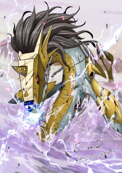 armor black_hair cable cyborg digimon digimon_(creature) electricity fins gold_armor highres horns metalseadramon monster mountainous_horizon no_humans red_eyes sawa_d sea_serpent single_horn swimming water