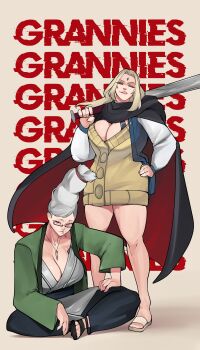 2girls absurdres ayase_seiko ayase_seiko_(cosplay) baseball_bat beehive_hairdo blonde_hair breasts brothbowl brown_eyes cape cigarette cleavage cosplay costume_switch crossover dandadan english_text facial_mark forehead_mark full_body gilf glasses grey_kimono highres huge_breasts japanese_clothes kimono large_breasts mature_female multiple_girls naruto_(classic) naruto_(series) old old_woman rectangular_eyewear red_eyes simple_background sitting smile standing sweater tall_hair text_background trait_connection tsunade_(naruto) tsunade_(naruto)_(cosplay) white_hair yellow_sweater