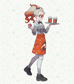 1girl apron black_bow black_bowtie blue_eyes bow bowtie breasts closed_mouth commentary_request cup disposable_coffee_cup disposable_cup full_body glasses gradient_hair griselle_(pokemon) hair_pulled_back highres holding holding_poke_ball holding_tray multicolored_hair nintendo official_art orange_apron orange_hair pantyhose poke_ball poke_ball_(basic) pokemon pokemon_legends:_z-a ponytail print_apron red_apron red_hair shirt shoes smile solo split_ponytail tray two-tone_hair waist_apron waitress white-framed_eyewear white_hair white_pantyhose white_shirt