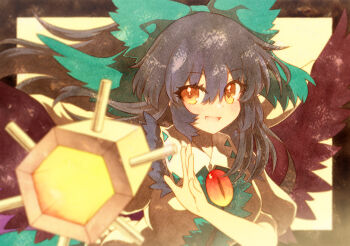 1girl aiming aiming_at_viewer arm_cannon black_hair black_wings breasts collared_shirt green_ribbon hair_between_eyes hair_ribbon highres light_blush long_hair open_mouth puffy_short_sleeves puffy_sleeves reiuji_utsuho ribbon rinka_(qqqrinkappp) shirt short_sleeves smile solo touhou upper_body weapon wings yellow_eyes