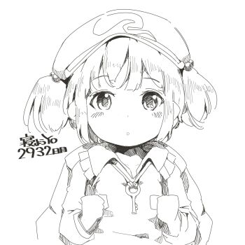 1girl backpack bag blush booba breasts breasts_close-up cactas7 collarbone greyscale hair_bobbles hair_ornament hat highres kawashiro_nitori key long_sleeves looking_at_viewer medium_breasts monochrome newsboy_cap object_between_breasts object_on_breast object_on_breasts open_mouth short_hair simple_background solo touhou white_background