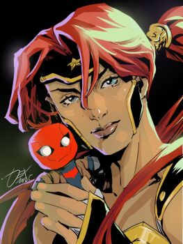 1girl amazon_warrior artemis_of_bana-mighdall bandaged_hand bandages bare_shoulders bat_signal batman_(series) batman_symbol bodysuit breasts cameo character_doll cleavage dc_comics dexter_soy doll grey_bodysuit hand_wraps jason_todd large_breasts long_hair multicolored_bodysuit muscular muscular_female red_hair red_hood_(dc) red_hood_and_the_outlaws red_mask simple_background smile superhero_costume two-tone_bodysuit very_long_hair western_comics_(style) wonder_woman_(series)