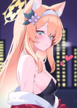 1girl bare_shoulders blue_archive blush breasts christmas christmas_wreath city city_lights closed_mouth colorful_background commentary english_commentary hair_between_eyes hair_ornament halo heart highres long_hair looking_at_viewer mari_(blue_archive) orange_hair poko050498 small_breasts wreath yellow_halo