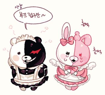 :d alternate_costume black_dress black_eyes blush_stickers bow bowtie chibi commentary_request danganronpa_(series) danganronpa_2:_goodbye_despair dress ear_bow enmaided grin heterochromia kamo_(kamooo44) korean_commentary maid monokuma monomi_(danganronpa) no_humans open_mouth pink_bow pink_bowtie pink_dress red_eyes short_sleeves smile speech_bubble stuffed_animal stuffed_toy tears teddy_bear teeth translation_request