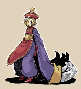 1girl blonde_hair breasts capcom chinese_clothes cleavage cleavage_cutout clothing_cutout cosplay darkstalkers earrings female_focus flat_chest hair_over_one_eye hat hsien-ko hsien-ko_(cosplay) idolmaster idolmaster_cinderella_girls jewelry jiangshi long_sleeves ofuda ofuro_mantarou open_mouth pants purple_eyes shirasaka_koume shoes short_hair simple_background sleeves_past_wrists solo