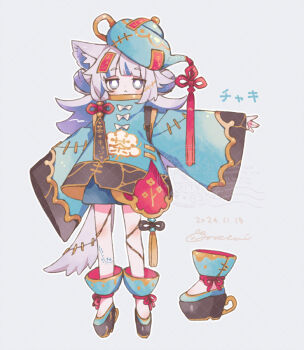 1girl :< animal_ear_fluff animal_ears aqua_dress black_eyes blush china_dress chinese_clothes closed_mouth commentary_request cup dated dress expressionless eyebrows_hidden_by_hair full_body kintsugi long_hair looking_at_viewer mochimura_sorata ofuda ofuda_on_head original platform_shoes solo tail teacup teapot white_hair wolf_ears wolf_girl wolf_tail