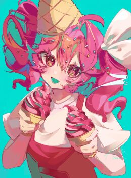 1girl aqua_background aqua_tongue bow colorful commentary double-parted_bangs drill_hair english_commentary food hair_bow hair_sprinkles highres holding holding_food holding_ice_cream ice_cream ice_cream_cone ice_cream_cone_on_head kasane_teto meruto_aisukuriimu_(vocaloid) mmiacchi open_mouth overalls pale_skin red_eyes red_hair red_overalls shirt simple_background smile soft_serve sprinkles synthesizer_v twin_drills vocaloid white_bow white_shirt