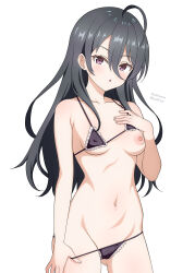 1girl :o absurdres ahoge audirenze bare_shoulders bikini bikini_top_lift black_bikini black_hair breasts clothes_lift collarbone commentary_request highres kimishima_ayano long_hair maid maid_bikini micro_bikini navel nipples simple_background small_breasts solo stomach swimsuit tokidoki_bosotto_roshia-go_de_dereru_tonari_no_alya-san twitter_username unconventional_maid white_background