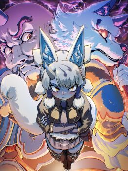 1girl animal_ears blue_horns blue_oni blue_skin blush bound_tail brace breasts colored_skin commentary_request extra_ears fingerless_gloves fox fox_ears fox_girl fox_tail fur-trimmed_belt ginkaku_(kemono_friends) gloves gourd hair_between_horns hair_tubes hex_tails highres horns kemono_friends kemono_friends_3 looking_at_viewer mcgunngu medium_breasts multicolored_horns necktie oni quad_tails shirt short_hair short_twintails single_horn tail twintails two-tone_horns white_hair yellow_eyes