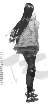 1girl absurdres black_bodysuit black_hair bodysuit breasts coat from_behind full_body fur-trimmed_coat fur_trim gantz highres latex latex_bodysuit long_hair oku_hiroya original shimohira_reika skin_tight solo standing third-party_source white_coat