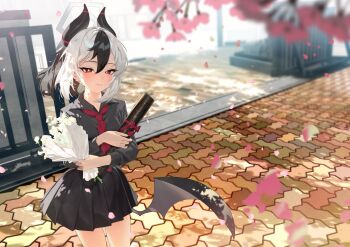 1girl alternate_costume black_hair black_skirt blue_archive blush bouquet closed_mouth commentary_request demon_girl demon_horns demon_wings flower grey_halo grey_shirt hair_between_eyes halo highres holding holding_bouquet horns karasu-san_(syh3iua83) kayoko_(blue_archive) long_hair looking_at_viewer multicolored_hair necktie outdoors petals pink_flower pleated_skirt ponytail red_eyes red_necktie shirt sidelocks single_wing skirt smile solo two-tone_hair white_flower white_hair wings