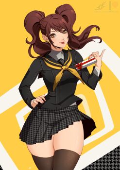 breasts brown_hair eightyfourart gift hand_on_own_hip highres kujikawa_rise looking_at_viewer medium_breasts persona persona_4 school_uniform thighhighs thighs tongue tongue_out twintails yasogami_school_uniform zettai_ryouiki