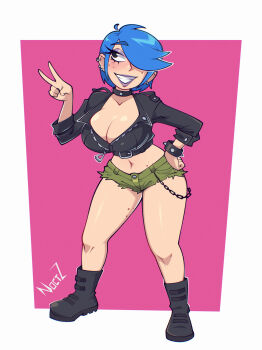 1girl artist_name black_boots black_choker black_eyes black_jacket blue_hair boots border bracelet breasts choker cleavage cropped_jacket curvy earrings ed_edd_n_eddy eyeshadow goth_fashion green_shorts grin hair_over_one_eye highres huge_breasts jacket jewelry makeup marie_kanker navel noctz outside_border pink_background purple_eyeshadow purple_lips short_hair short_shorts shorts simple_background smile solo spiked_bracelet spikes v white_border