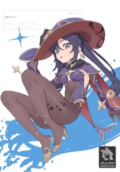 1girl artist_logo black_choker black_gloves black_hair bodystocking breasts brooch choker detached_sleeves earrings full_body genshin_impact gloves green_eyes hand_on_headwear hat high_heels highres jewelry leotard logo looking_at_viewer mona_(genshin_impact) naa_onn open_mouth purple_leotard request_inset skin_tight small_breasts solo star_(symbol) star_earrings thighs twintails witch_hat