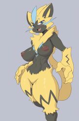 Rule 34 | 1girl, 2022, big hand, black skin, blue eyes, breasts, colored skin, cooliehigh, creatures (company), fangs, featureless crotch, feet out of frame, female focus, game freak, gen 7 pokemon, generation 7 pokemon, legendary pokemon, looking at viewer, mythical pokemon, navel, nintendo, nipples, open mouth, pokemon, pokemon (creature), pokemon sm, simple background, smile, solo, thick thighs, thighs, two-tone fur, wide hips, yellow fur, zeraora